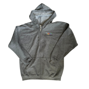 Grey zippered hoodie with Bloomington Pride MN official logo on upper left chest area.
